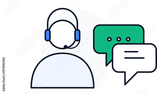 Hand-drawn customer service operator wearing headset next to speech bubbles representing chat help online illustration