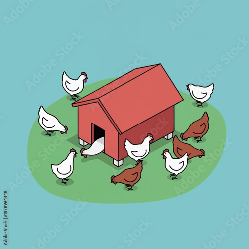 chicken house with chickens around it.