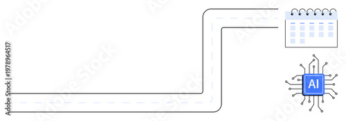 Artificial intelligence, timelines, project management, data flow, automation, planning systems. Visual of an AI processor connecting to a calendar. Artificial intelligence and timelines concept