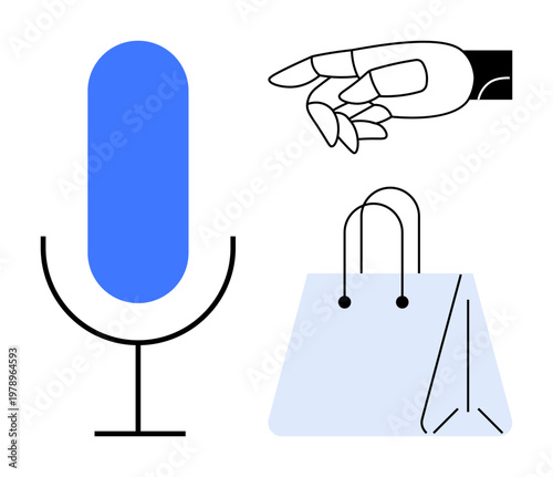 E-commerce, artificial intelligence, automation, voice recognition, innovation, online retail. A robotic hand, blue microphone and shopping bag. AI-driven shopping and voice recognition concept