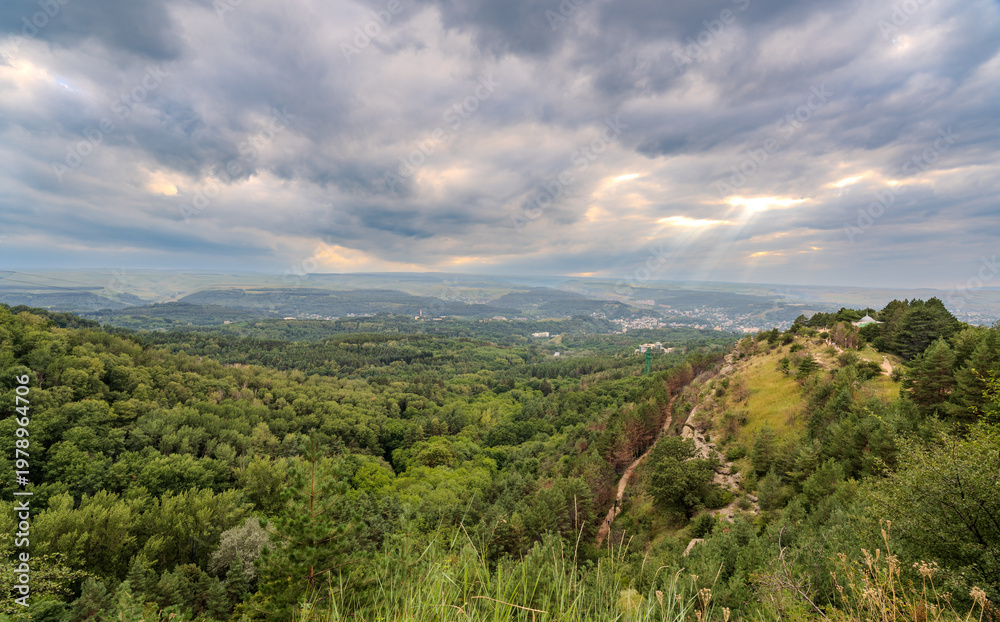 Fototapeta premium View of the mountains and Kislovodsk from the observation decks of the Kislovodsk Park