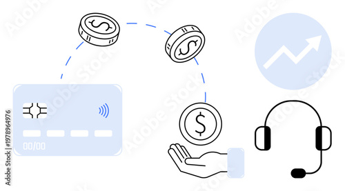 Digital payments, online transactions, financial services, customer support, money transfers, economic growth. Credit card, coins hand headset growth arrow. Digital payments and financial services