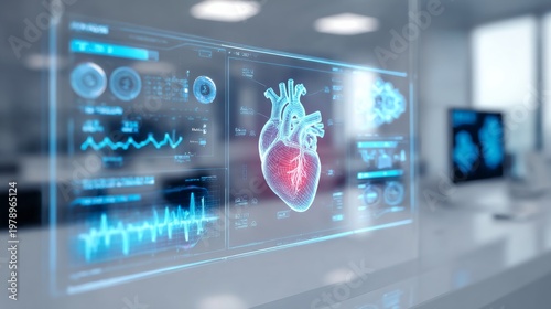 Futuristic healthcare technology interface displaying a digital human heart with medical data visualization. Advanced AI system analyzing patient health metrics in a modern hospital environment. Conce