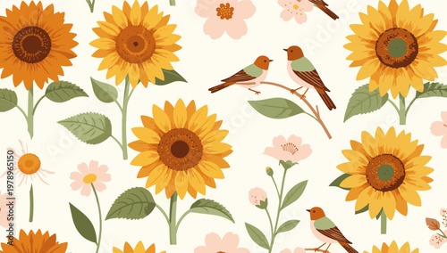  Seamless pattern with sunflowers and small birds