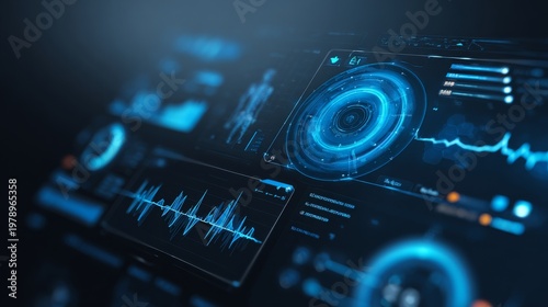 Futuristic healthcare technology interface displaying a digital human heart with medical data visualization. Advanced AI system analyzing patient health metrics in a modern hospital environment. Conce