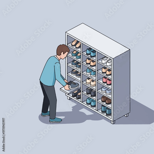 Man choosing shoes from large cabinet.