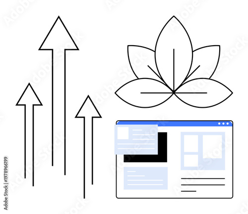 Digital development, online platforms, growth strategies, wellness, environmental connection, nature. Abstract leaf, upward arrows website interface. Growth strategies and digital development