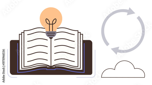 Education, creativity, idea generation, innovation, cloud storage, sustainable learning. Open book with a light bulb, circular arrows and a cloud. Education and creativity concepts illustrated
