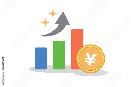 日本円で資産増加を示すグラフ・ビジネス成長イメージ・3本の棒グラフと上昇矢印