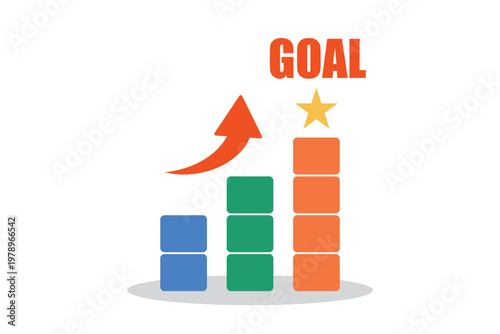 ゴール達成のビジネスイメージ・上昇する矢印と積み重ねたブロック・ベクター
