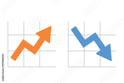 上昇と下降の矢印・グラフ表示・オレンジと青・増減イメージ