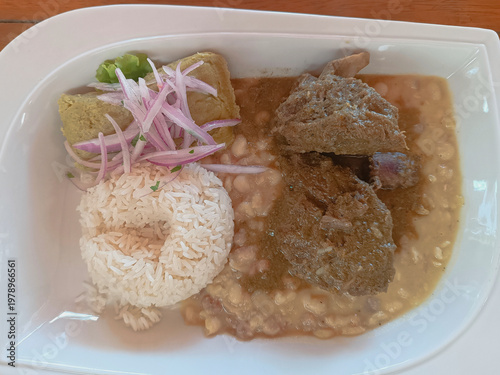 Peruvian seco de cabrito with beans and tamale
