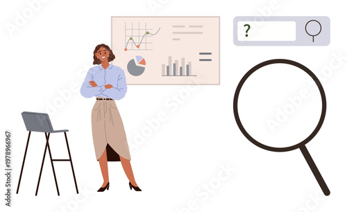 Business presentation, data analysis, workplace education, online research, teamwork, corporate strategy. Woman stands beside charts and graphs. Data analysis and business presentation concept