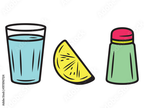 Mexican Tequila Shot Set Illustration - Glass of Water, Lime Slice, and Salt Shaker for Fiesta Celebration