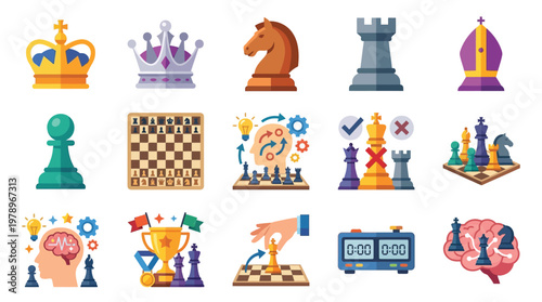 A vibrant collection of chess-themed icons, including pieces, a chessboard, a trophy, and abstract representations of strategy and intellect.
