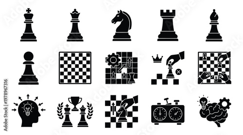 A collection of black and white icons representing various aspects of chess, including pieces, boards, strategy, and competition.