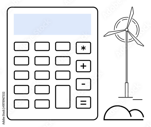 Renewable energy, sustainability, green technologies, energy efficiency, clean power, climate change action. Illustration of a calculator and wind turbine. Renewable energy and sustainability