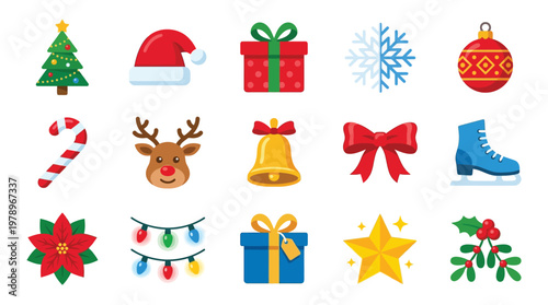 A vibrant collection of icons, including a decorated tree, Santa hat, gift boxes, snowflake, ornament, candy cane, reindeer, bell, bow, ice skate, poinsettia, string lights, star, and holly.