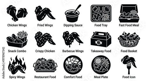 A collection of black and white icons representing various chicken wing dishes and fast food items, including snacks, meals, and dipping sauces.