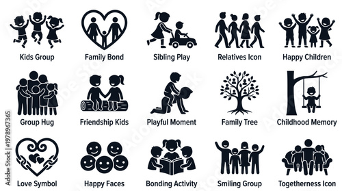 Collection of 15 diverse pictogram icons representing family, friendship, childhood, and togetherness, rendered in a simple black silhouette style on a white background.