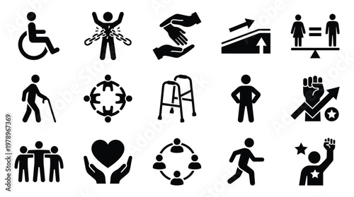 A collection of diverse icons representing social justice, equality, and human rights, including symbols for disability, freedom, support, progress, gender equality, aging, community, and empowerment.