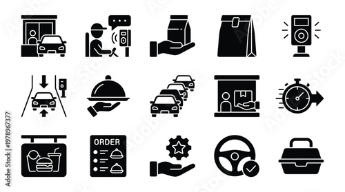 Collection of black and white icons representing various aspects of the drive-thru and food delivery service industry.