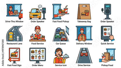 Collection of icons illustrating various aspects of fast food service, including drive-thru, ordering, pickup, delivery, and car queues.