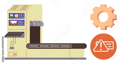 Automation, industry, manufacturing, warning systems, engineering, production processes. Conveyor belt machine with control panel, cogwheel alert icon. Automation and industry concept