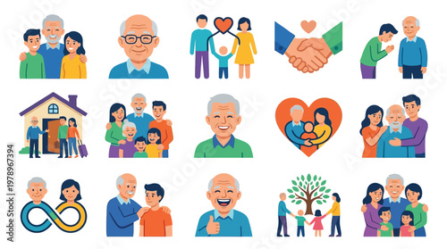 A collection of heartwarming illustrations depicting multi-generational families, elderly couples, and loving relationships, symbolizing unity, care, and togetherness.