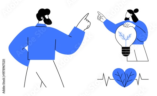 Sustainability, innovation, health, environmental awareness, creativity, energy efficiency. Abstract people pointing with lightbulb, heart and leaf symbols. Sustainability and innovation concept