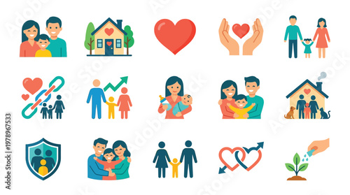 Collection of flat design icons representing family, love, home, and community support.