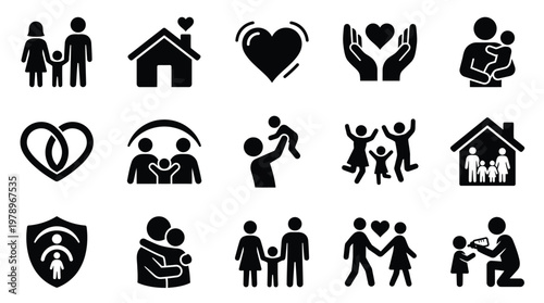 A collection of black and white vector icons depicting various aspects of family life, love, care, home, and protection.