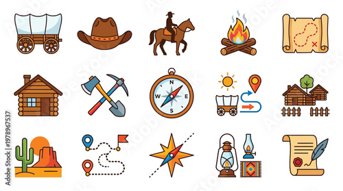 A collection of colorful flat design icons representing the American Wild West, pioneering, and exploration, featuring wagons, cowboys, maps, cabins, and tools.