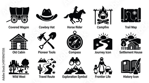 A collection of black and white icons representing the Wild West, pioneer life, exploration, and adventure themes.