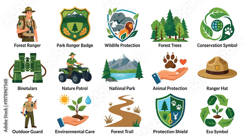 A collection of detailed flat design icons representing forest rangers, wildlife protection, national parks, and environmental conservation themes.