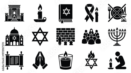 A comprehensive set of black and white icons illustrating various elements of Judaism, including religious symbols, sacred buildings, rituals, and community gatherings.
