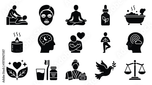 A comprehensive set of black glyph icons representing various aspects of wellness, self-care, mental health, relaxation, and inner peace.