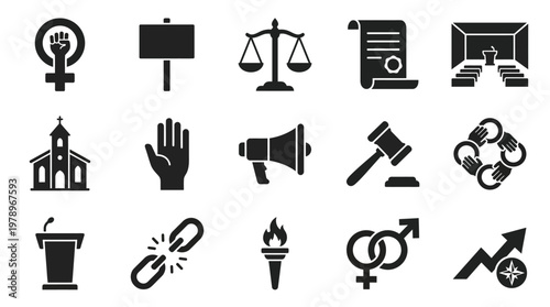 Collection of diverse icons representing social justice, human rights, law, and community activism.