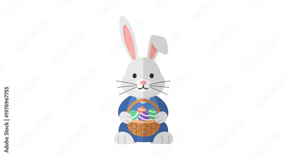 Obraz premium Cute Cartoon Easter Bunny Holding a Basket Filled with Decorated Colorful Eggs. EPS Editable. Vector Illustrations.