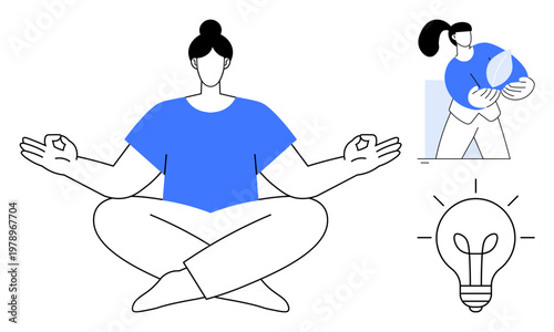 Wellness, innovation, mindfulness, sustainability, creativity, eco-conscious living. Calm person meditating, individual holding a plant glowing light bulb. Wellness and innovation conceptualized