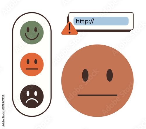 Online reviews, cybersecurity, digital feedback, internet safety, user interface design, emotional response. Emoticons feedback and warning alert on URL field. Cybersecurity and user feedback