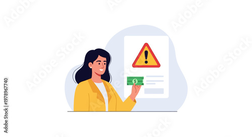 Business woman holding cash in front of a financial risk warning sign. EPS Editable. Vector Illustrations.