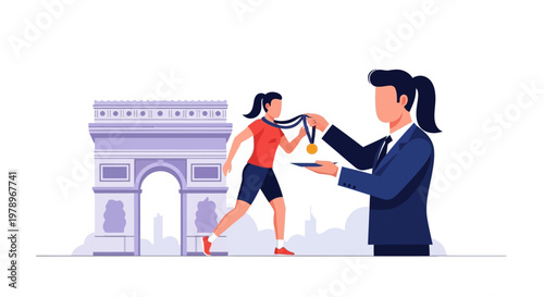 Businesswoman awarding a gold medal to a successful female athlete. EPS Editable. Vector Illustrations.