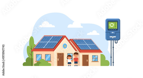 Cartoon family standing in front of their eco friendly solar powered home. EPS Editable. Vector Illustrations.
