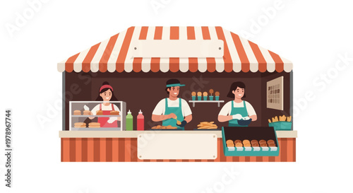 Cartoon food stall with workers preparing meals and serving customers. EPS Editable. Vector Illustrations.