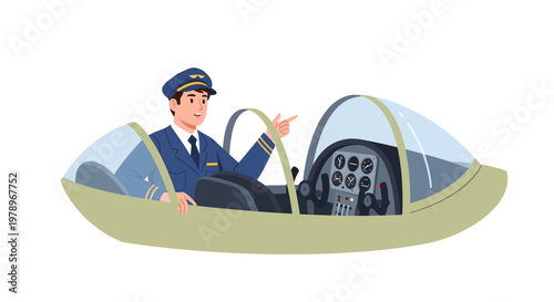 Cartoon illustration of a pilot flying a small light aircraft. EPS Editable. Vector Illustrations.