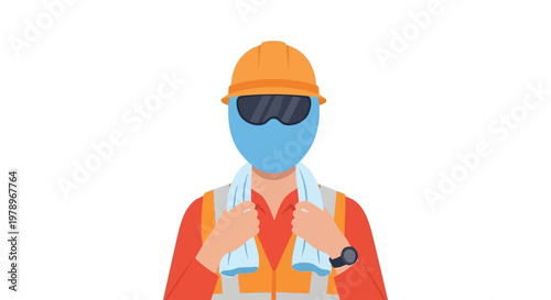 Construction worker wearing a hard hat and protective gear holding a cooling towel. EPS Editable. Vector Illustrations.