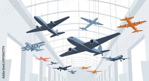 A collection of various passenger airplanes flying in formation. EPS Editable. Vector Illustrations.