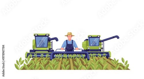 A farmer operating a combine harvester in a field of crops. EPS Editable. Vector Illustrations.