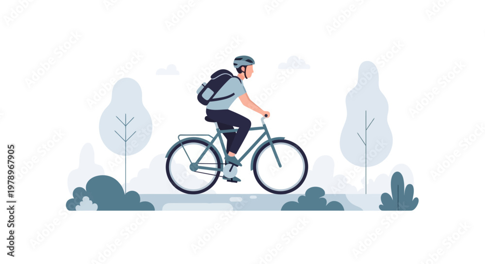 Obraz premium A young man wearing a helmet and backpack riding a bicycle. EPS Editable. Vector Illustrations.